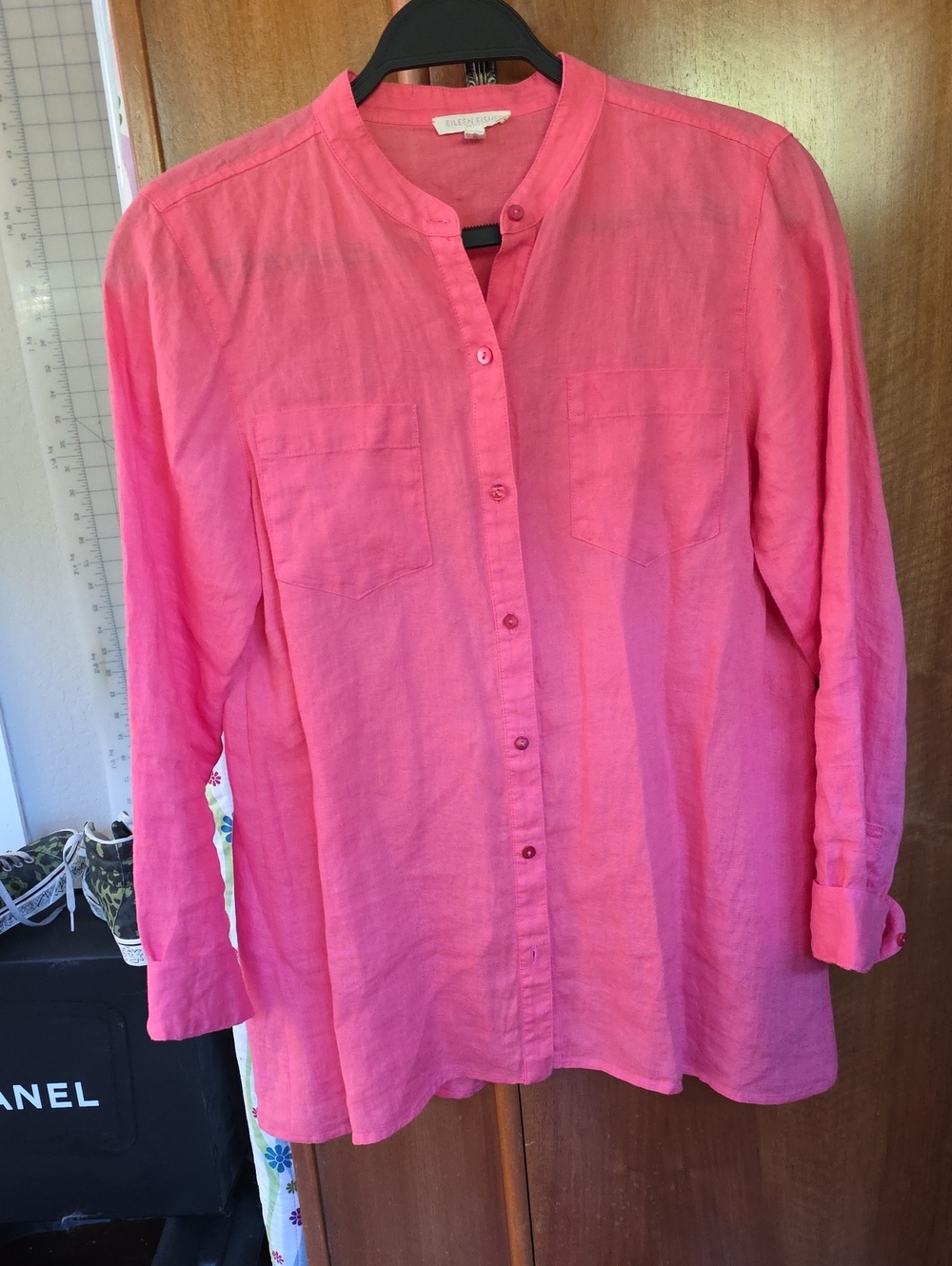Eileen Fisher Bright Coral  Pink Button-Front Tunic Shirt